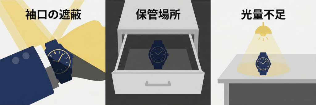 ソーラー時計がバッテリーの充電不足になる原因