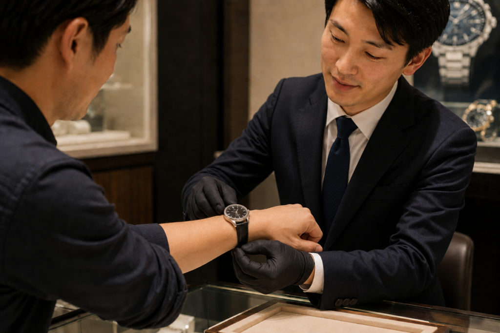 腕時計正規店で革バンドの時計を試着している
