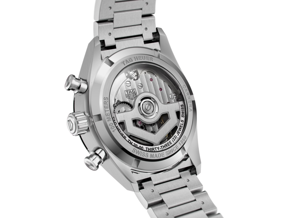 自社製キャリバーを眺めることができるサファイアクリスタル製のウラブタ