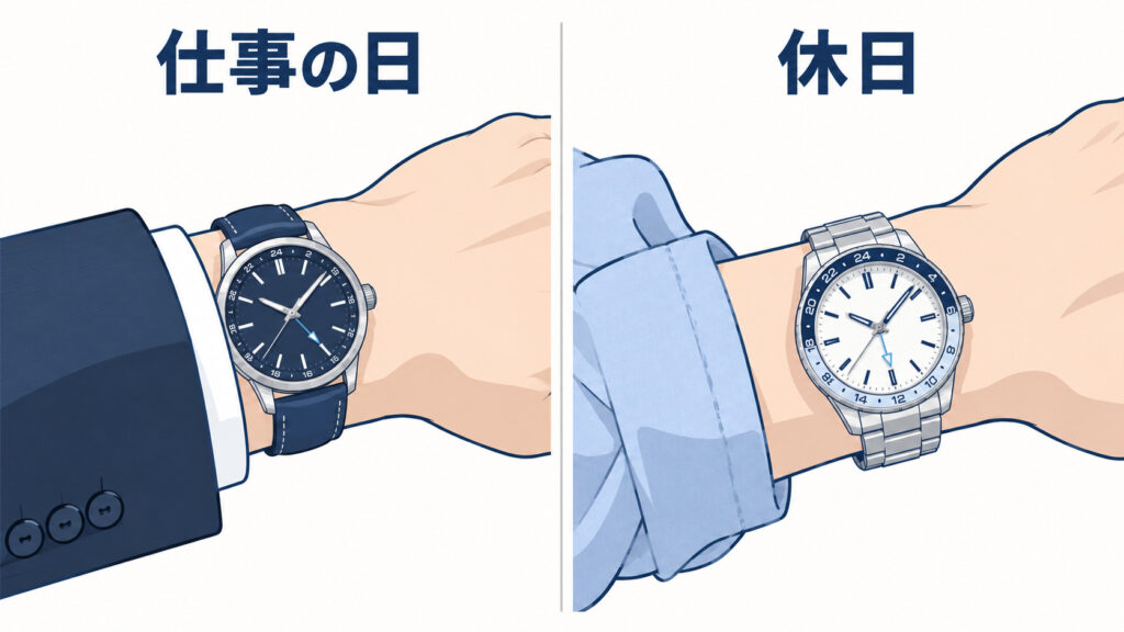 GMTウォッチの選び方:仕事の日はスーツに合う薄めのレザーストラップ、休日はカジュアルに合うステンレスブレスレットと、着ける場面で選ぶイメージ