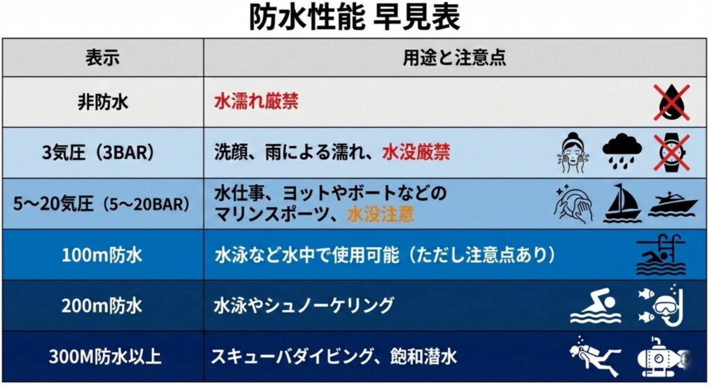 防水性能の早見表