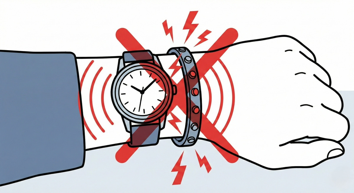 磁気ブレスレットで磁気帯びする腕時計のイラスト