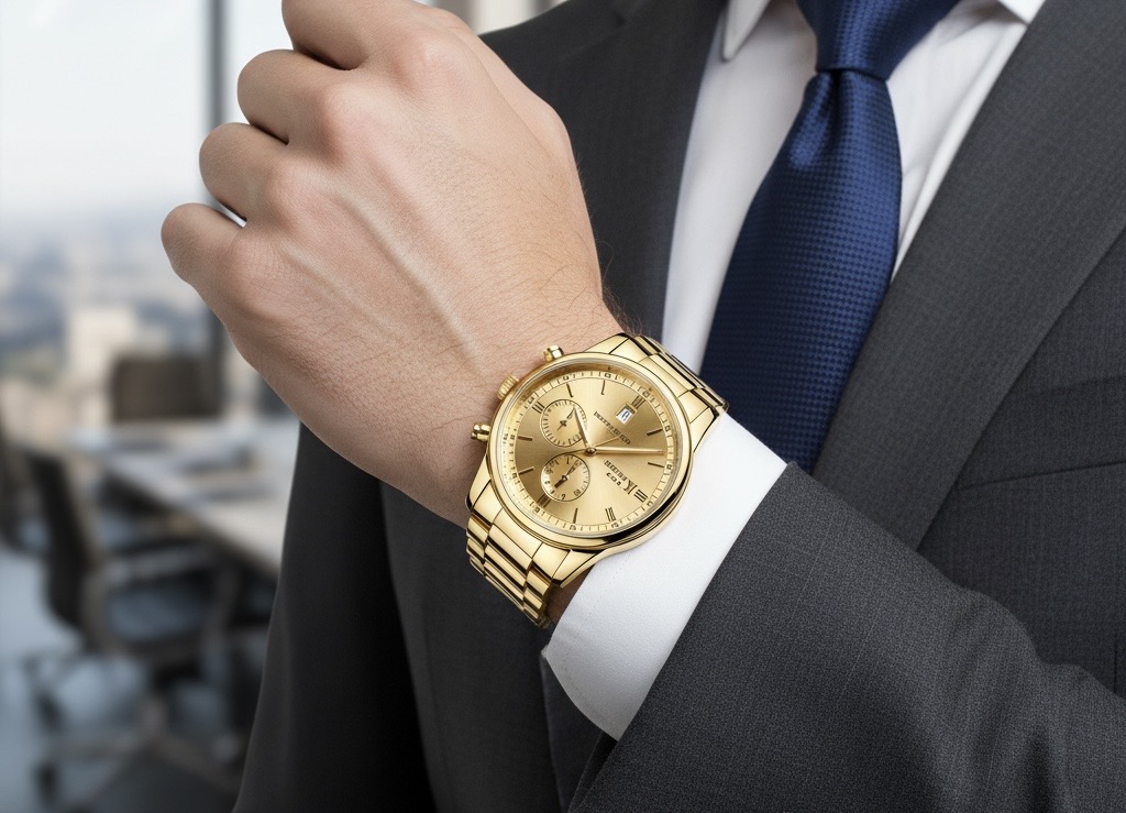 ゴールドの腕時計を着けた男性