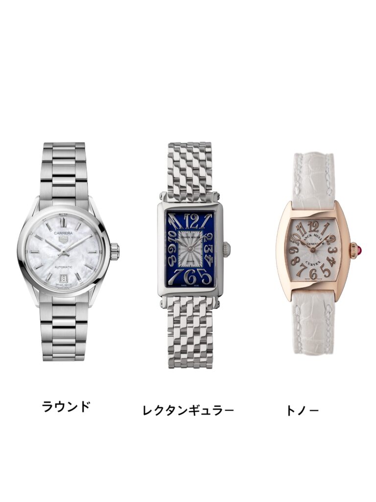 腕時計のケース比較画像。ラウンド・レクタンギュラー・トノー