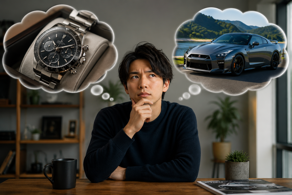 時計と車のデザインに悩む男性
