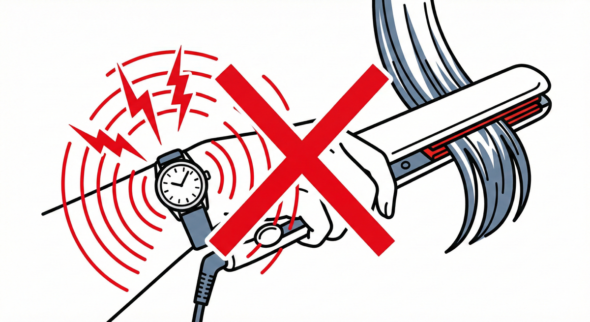 ヘアアイロンで磁気帯びする腕時計のイラスト