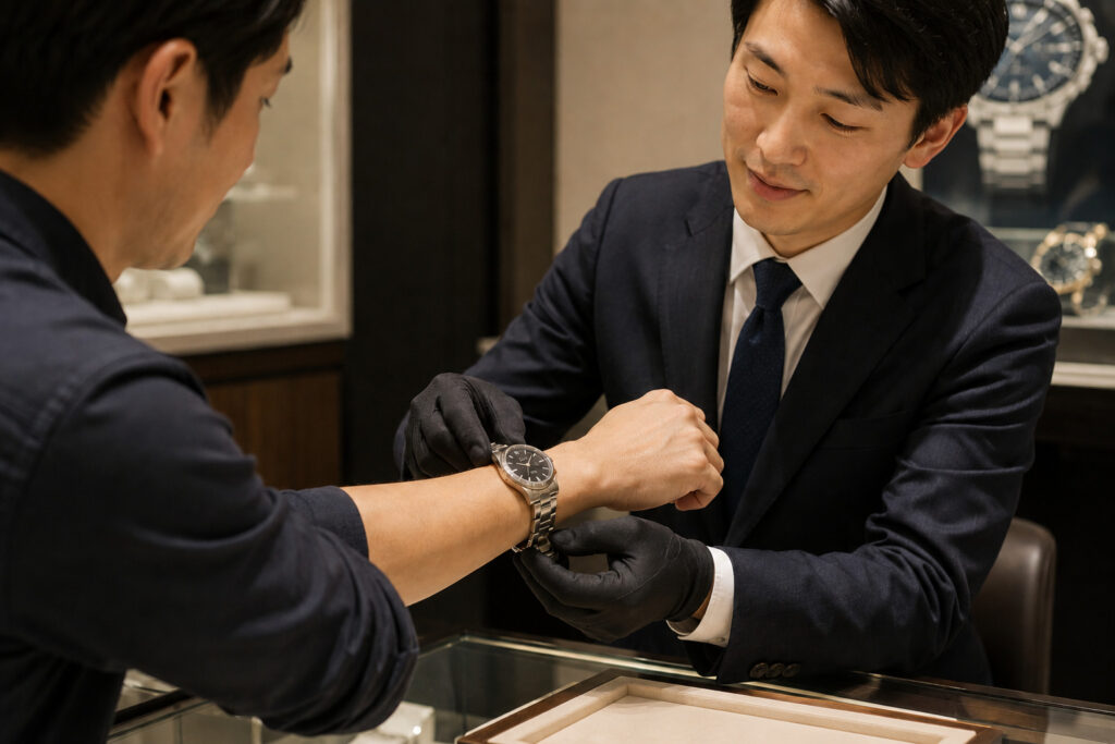 腕時計のブレスレットのサイズを調整する様子