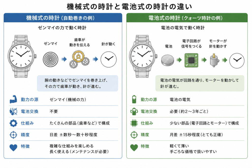 機械式時計と電池式時計の違い