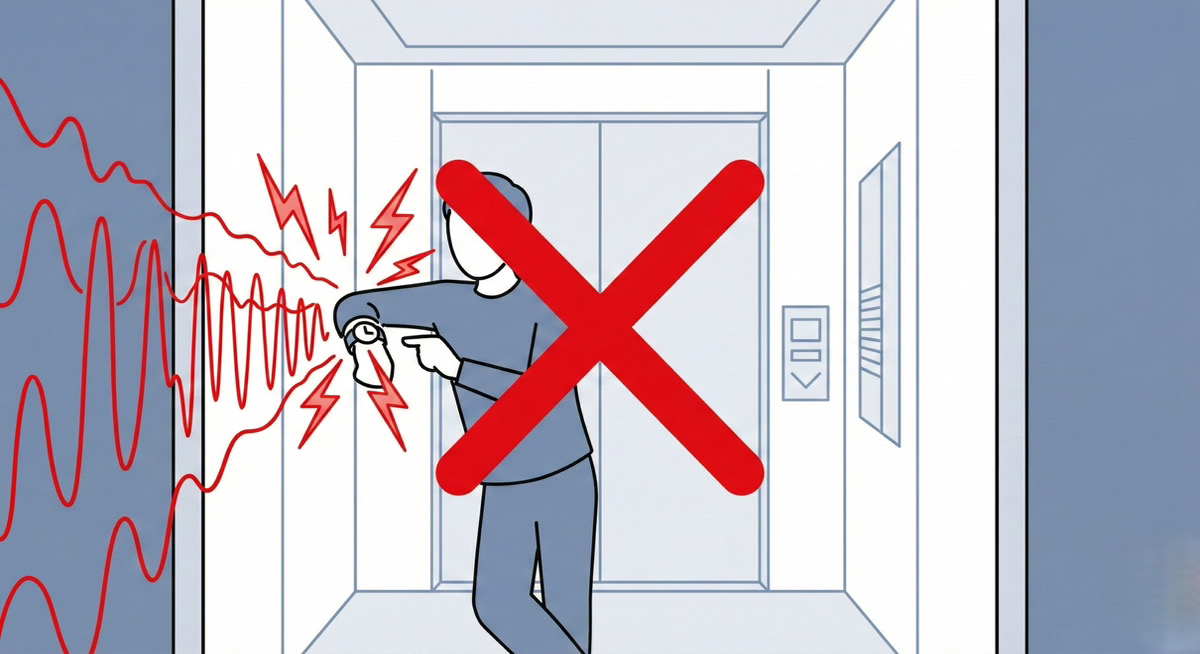 エレベーター内で磁気帯びする腕時計のイラスト