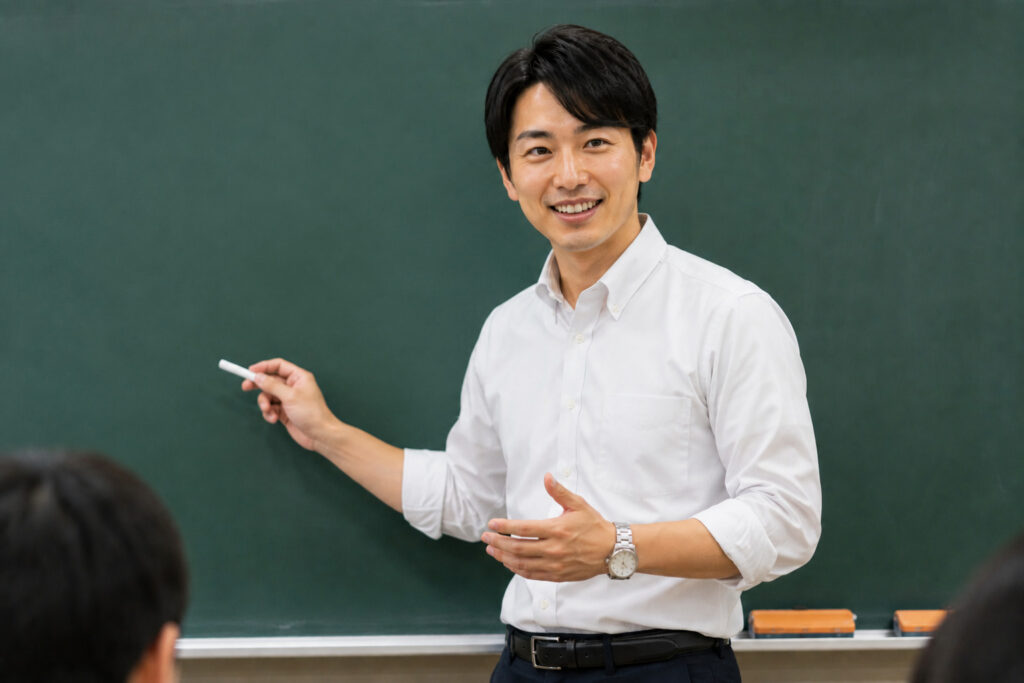黒板の前で授業をする教師のイメージ