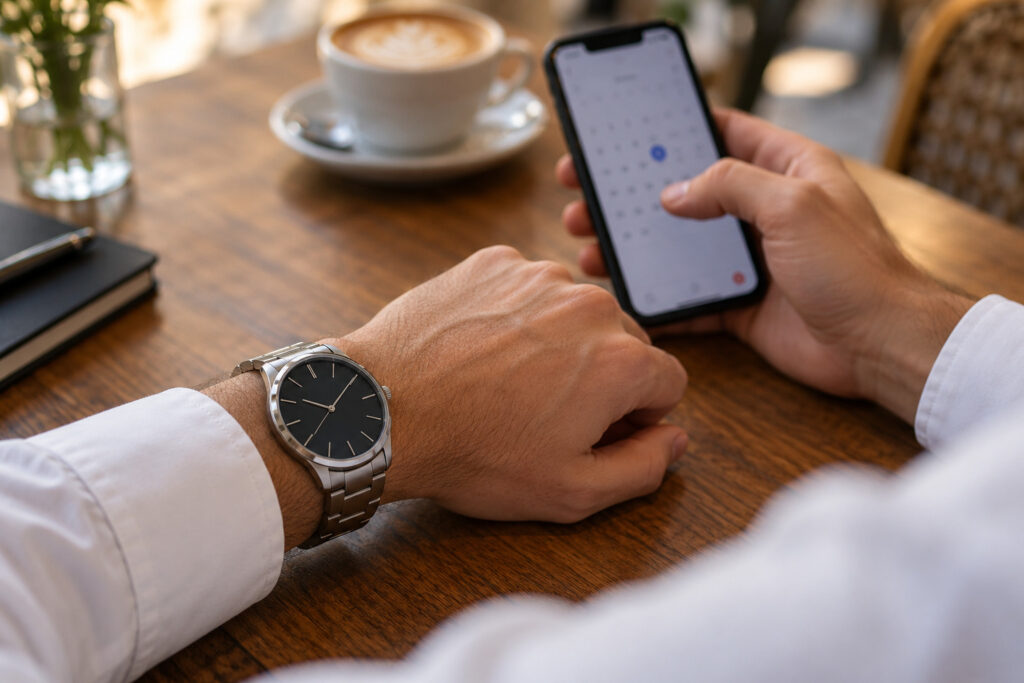 腕時計を着けた男性がスマートフォンで日付を確認している手元