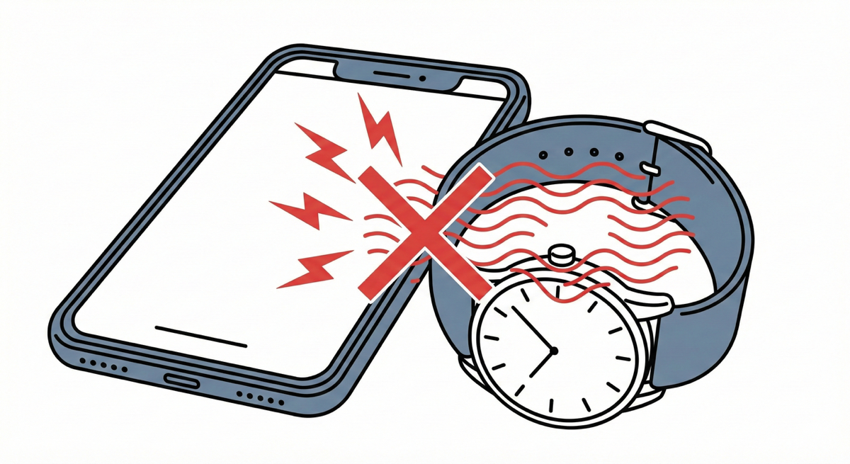 スマートフォンで磁気帯びする腕時計のイラスト