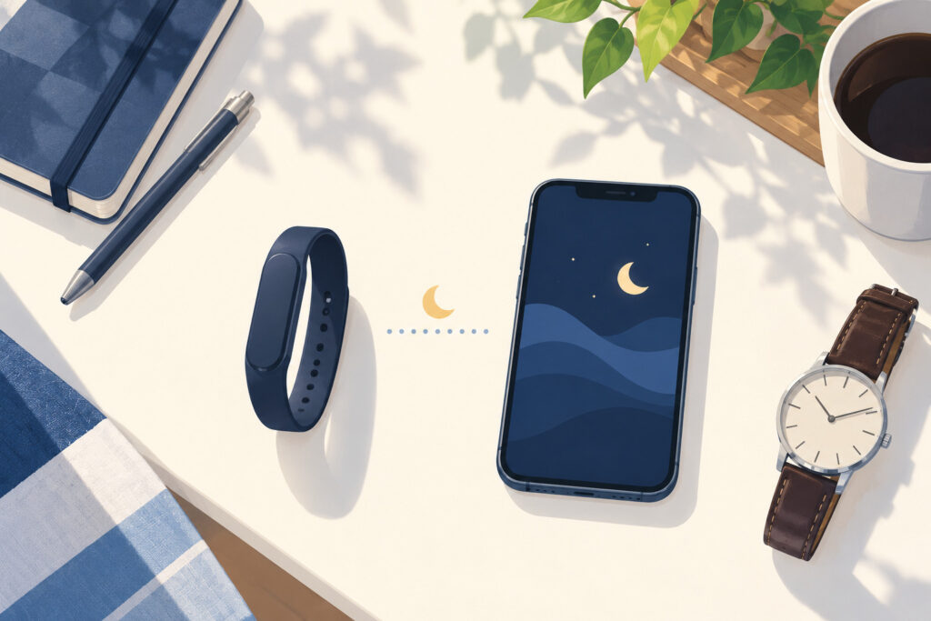 睡眠記録用のデバイスとスマートフォン、腕時計が並んだデスク