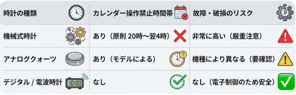 腕時計のムーブメント別、カレンダー操作注意