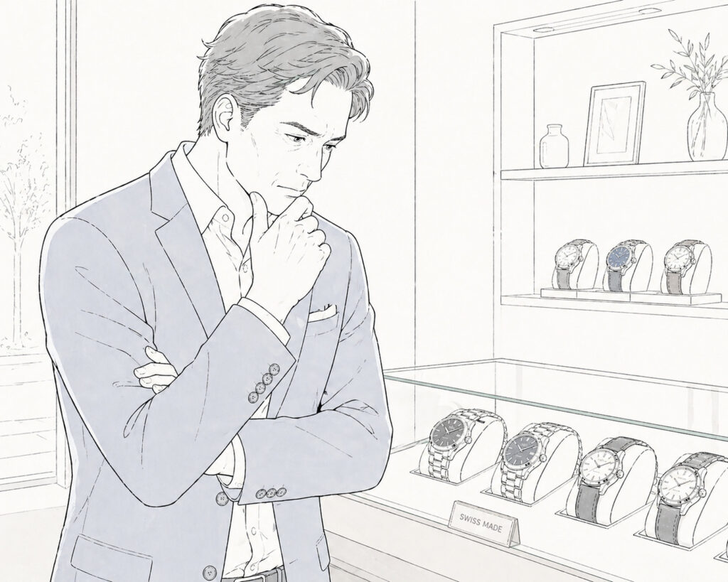 腕時計を選ぶ男性をイラスト