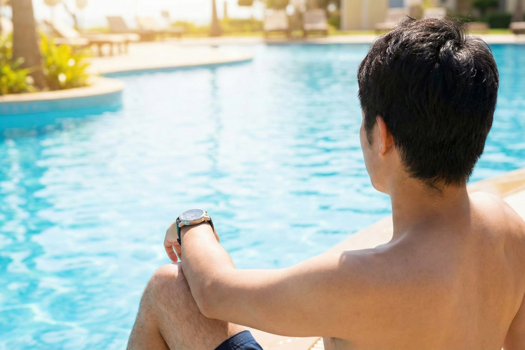 腕時計を着けてプールにいる男性