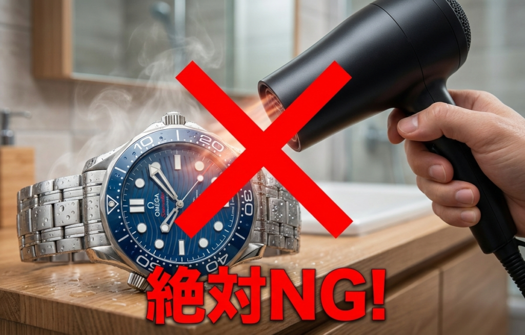 時計をドライヤーで乾かしているイメージ画像