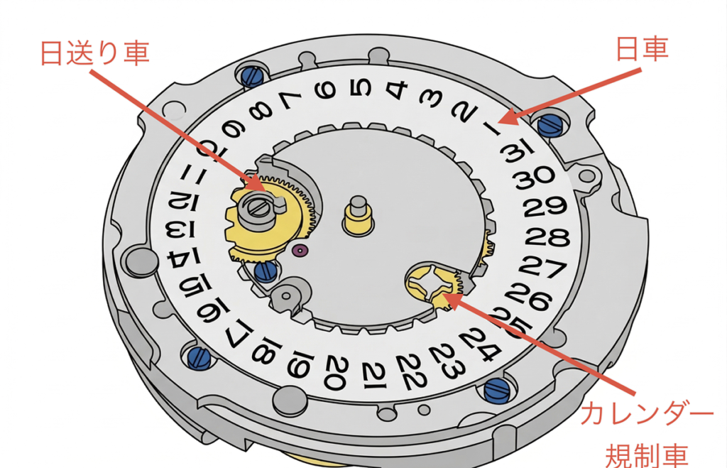 腕時計のカレンダー機構 カレンダー規制車のイメージ