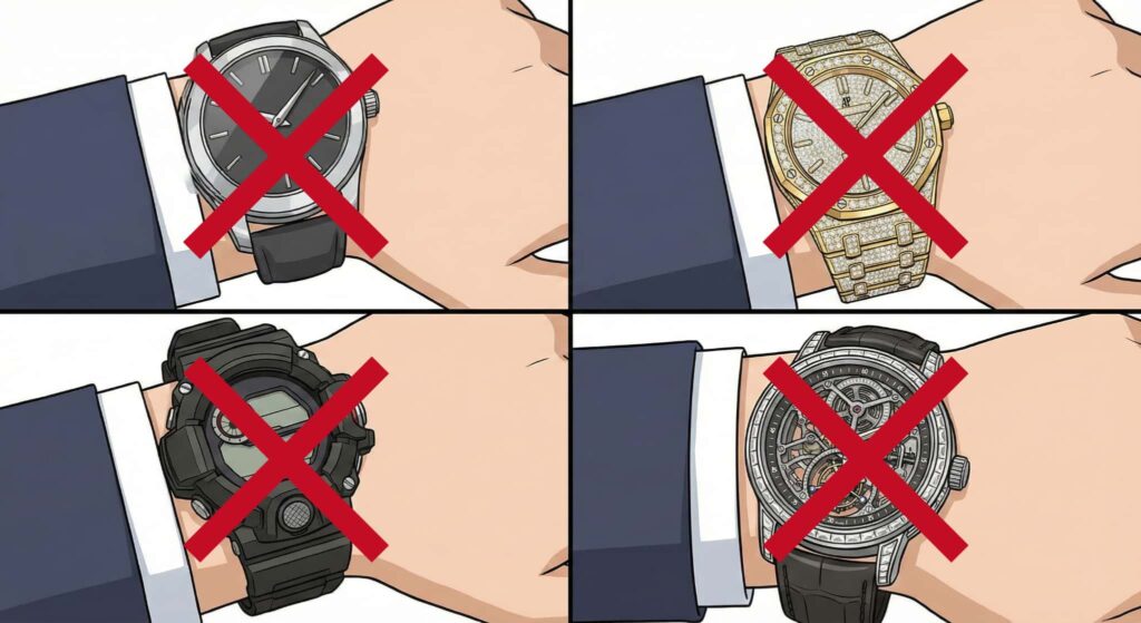 ビジネスシーンで避けたい腕時計のNG例 イメージイラスト