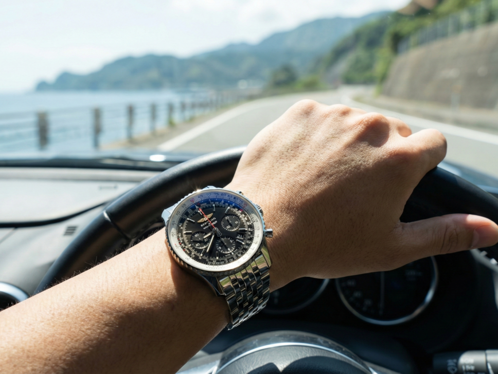 ブライトリングの腕時計 ナビタイマーを着けて運転している