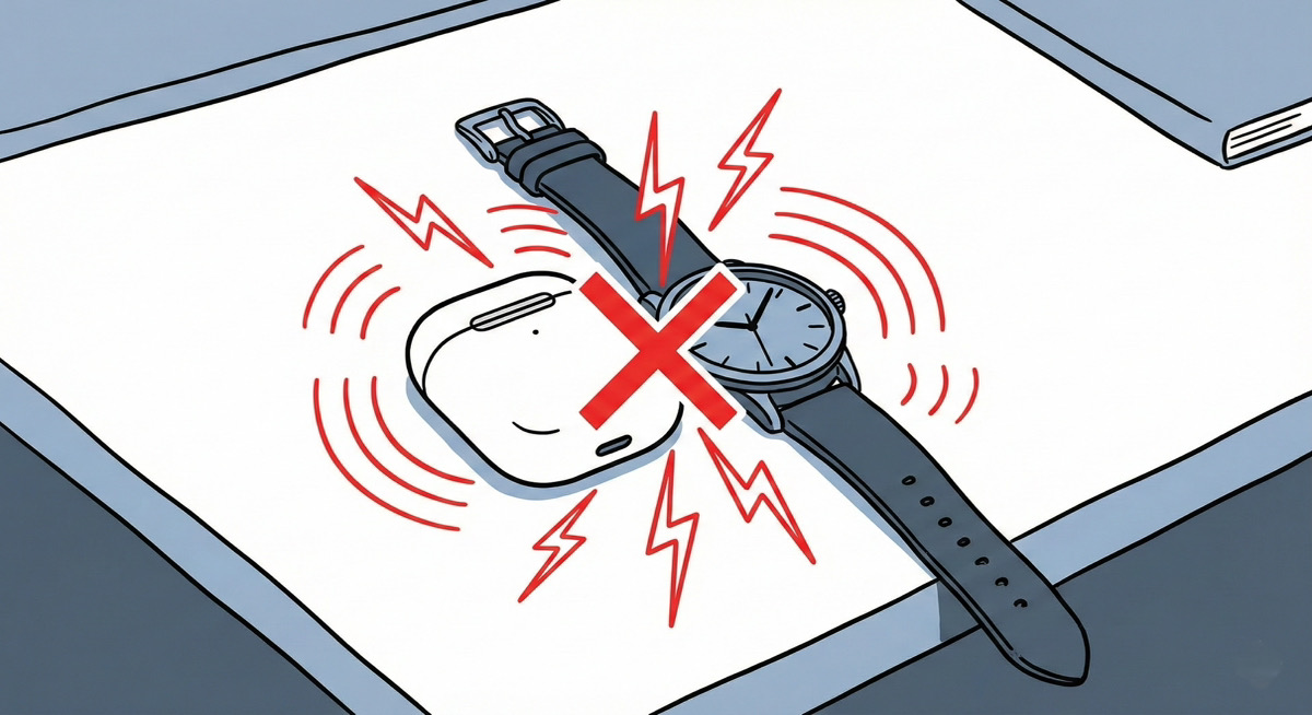 ワイヤレスイヤホンケースで磁気帯びする腕時計のイラスト