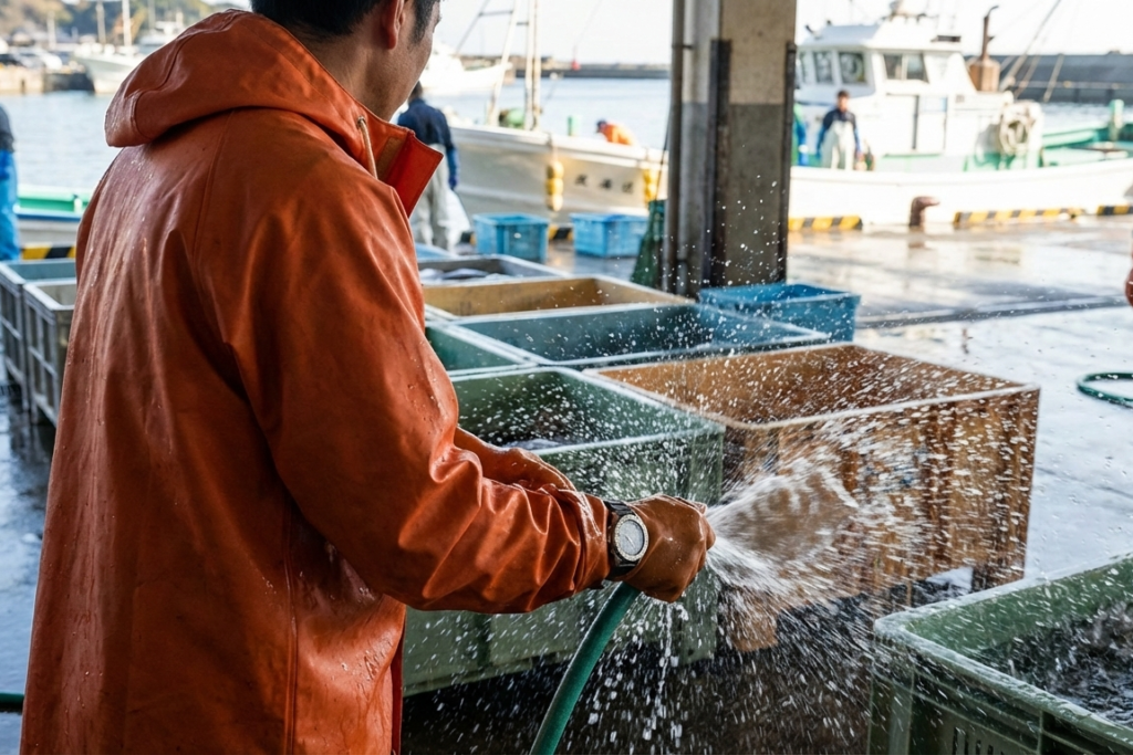 腕時計を着けながら水の出たホースを使用している