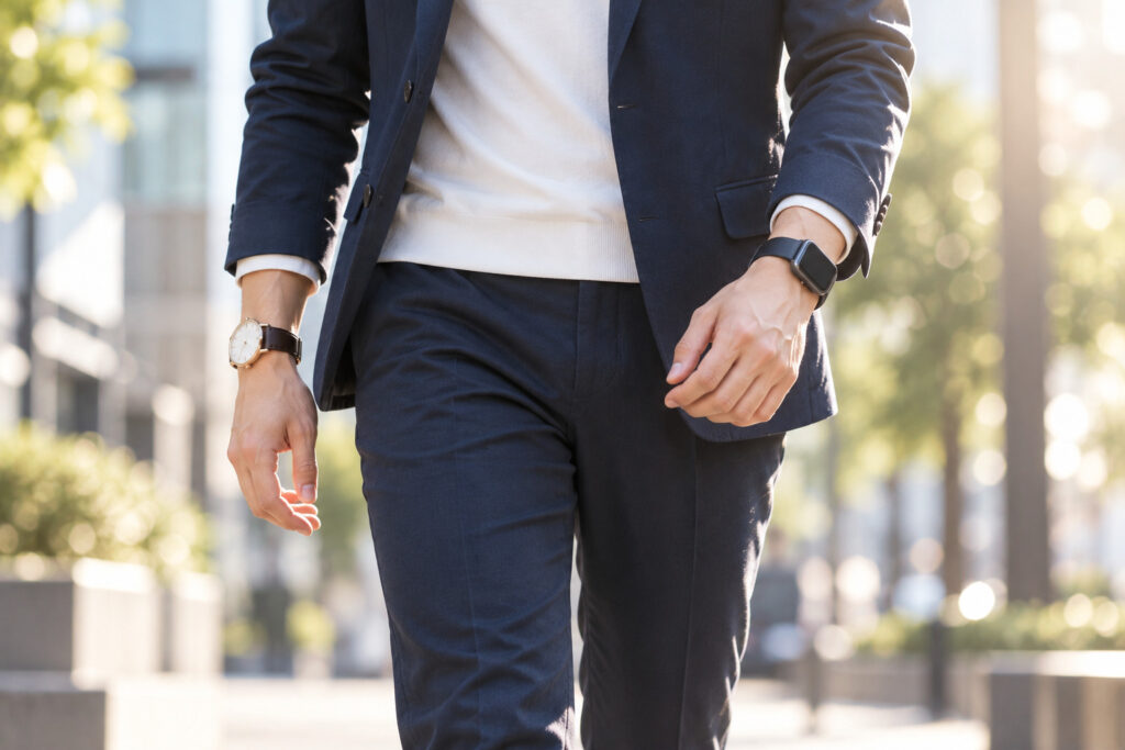 スーツの袖口で両手首に時計を着けて歩く男性
