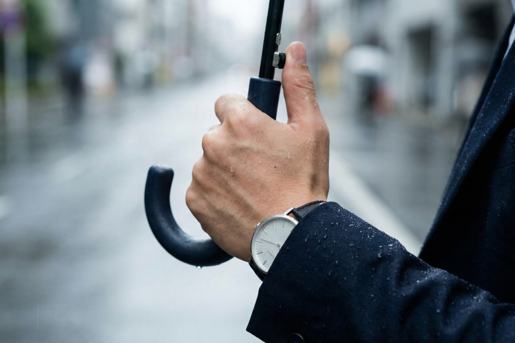 傘をさして腕時計が濡れないようにしている