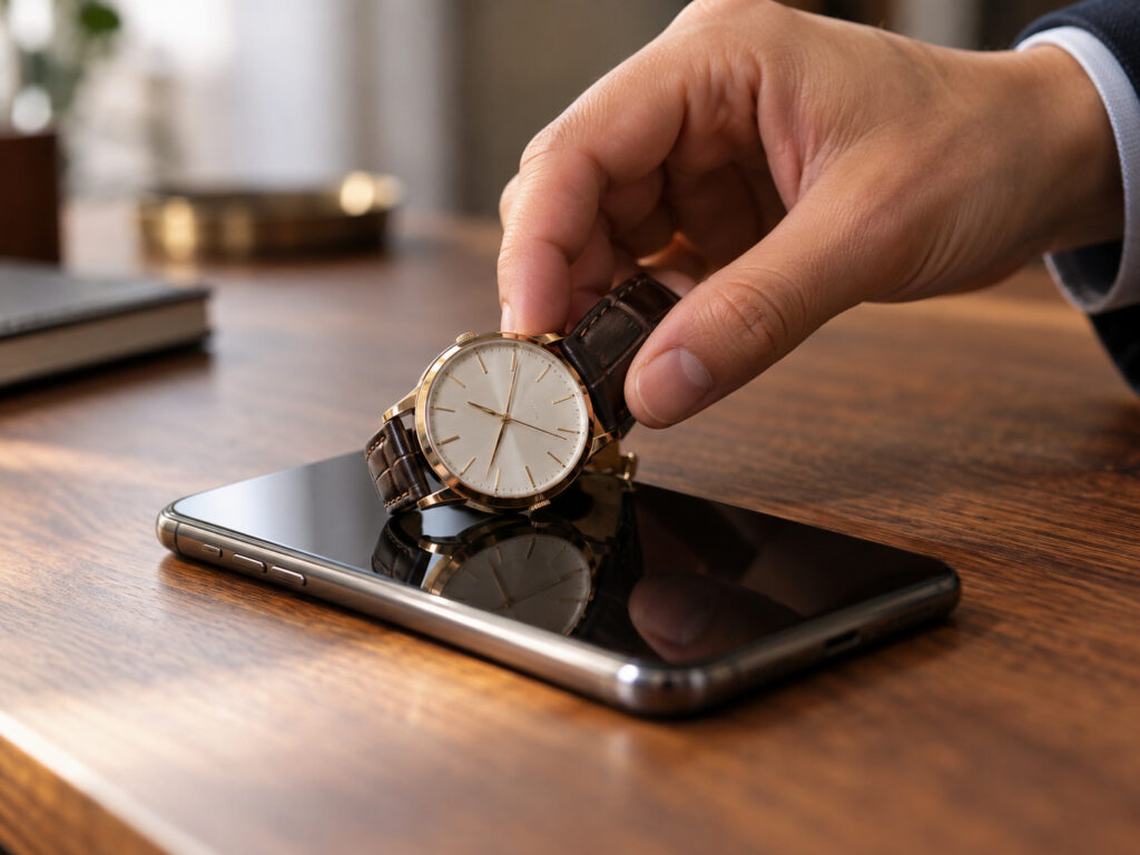 スマートフォンの上に腕時計を乗せる様子
