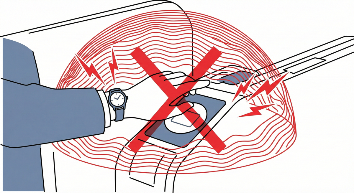 自動改札機で磁気帯びする時計のイラスト