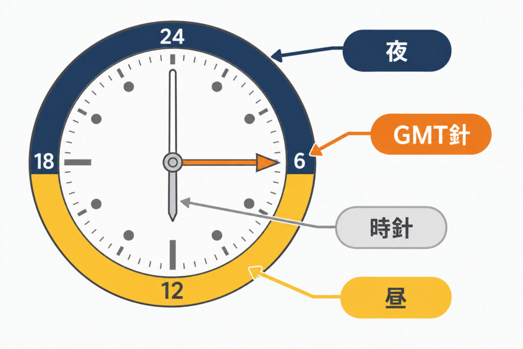 GMT針が昼と夜を示す仕組みを表したイラスト