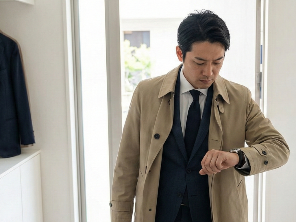 出勤前に急いで腕時計を着ける男性