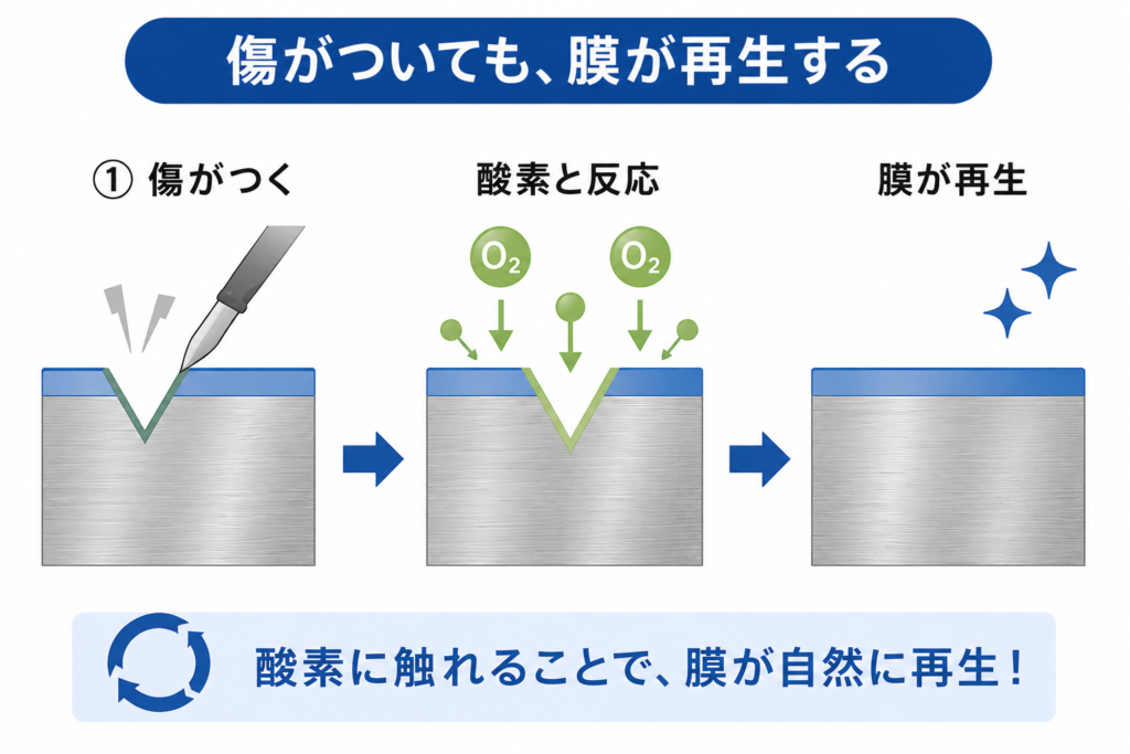 表面に傷がついても被膜が再生するチタンの説明