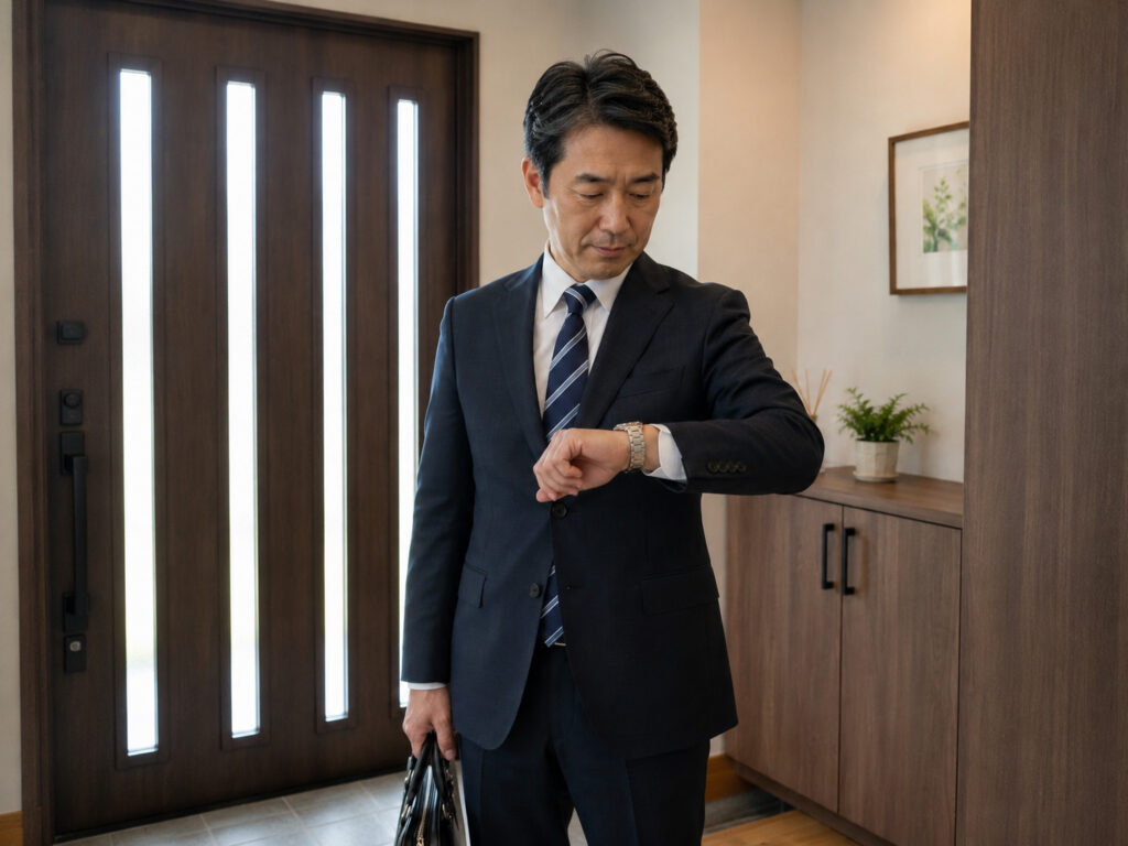 玄関で腕時計を確認するスーツ姿の男性