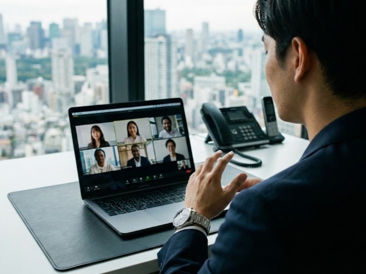 オンラインで海外の人と話す男性