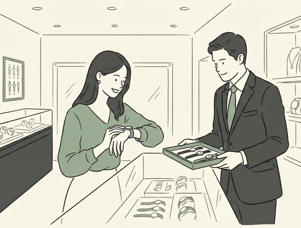 腕時計選びをする女性のイラスト