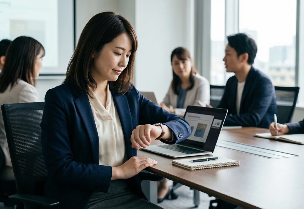 会議中に腕時計を確認する女性