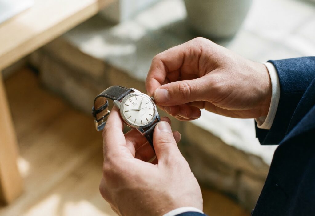 腕時計のリューズを操作してゼンマイを巻く男性