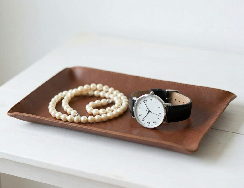 レザートレーに乗せられたパールネックレスと腕時計