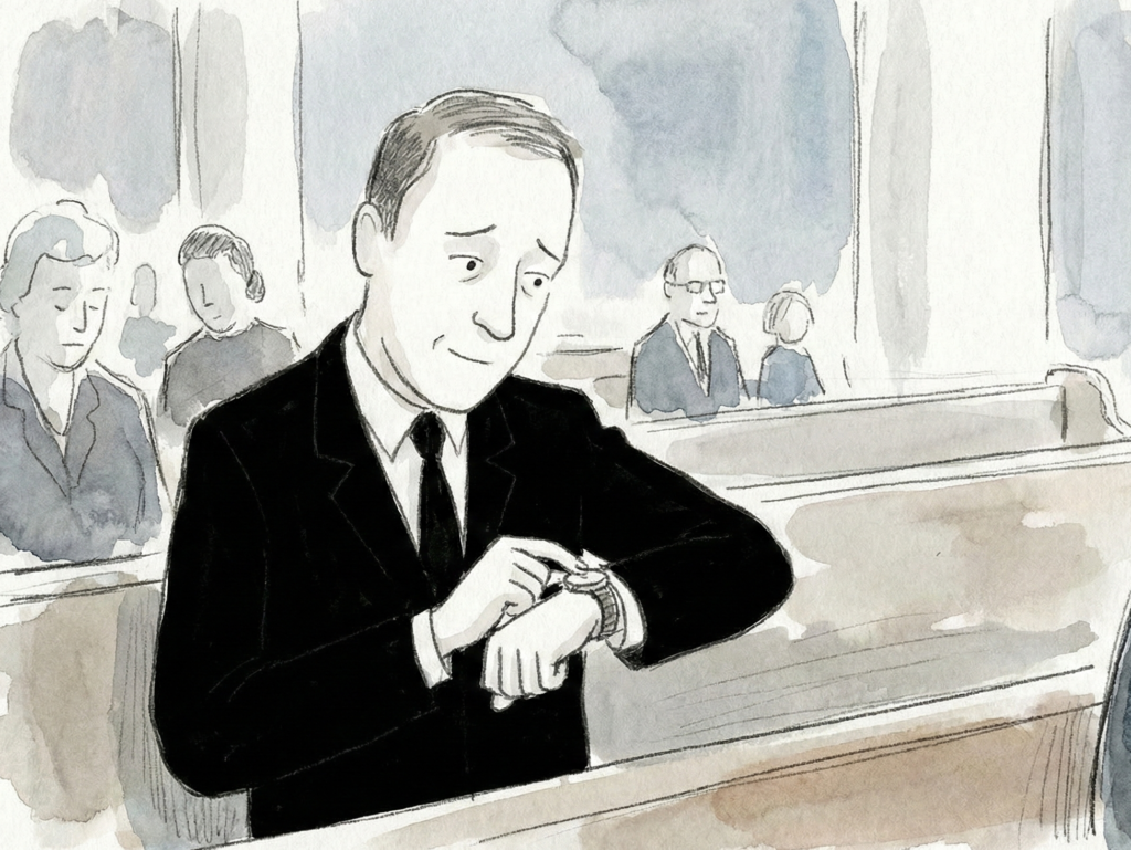 葬儀中に腕時計を確認する男性のイラスト