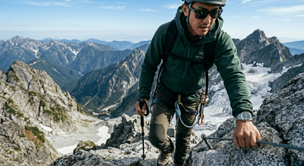 アルピニストの時計を着けて登山する男性