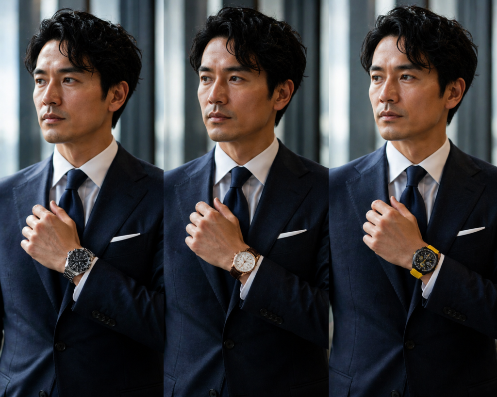 スーツを着て時計を着ける男性の比較