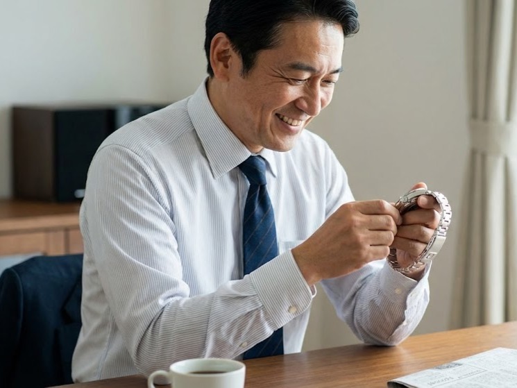 機械式時計を巻き上げている男性