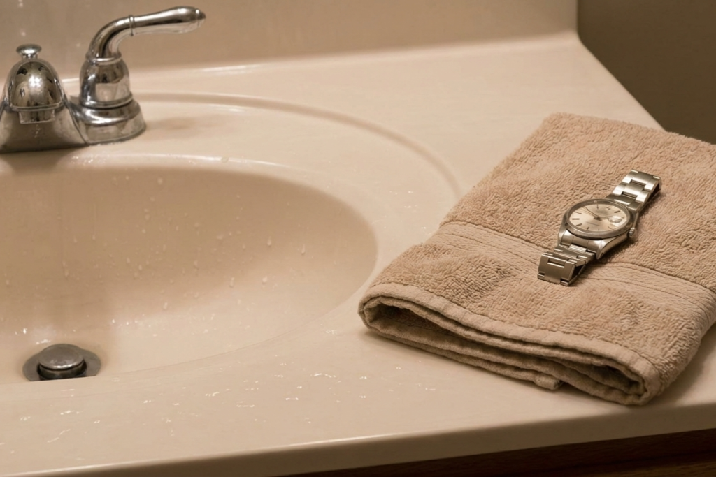 腕時計を水に濡れないように注意してタオルの上に置いてる