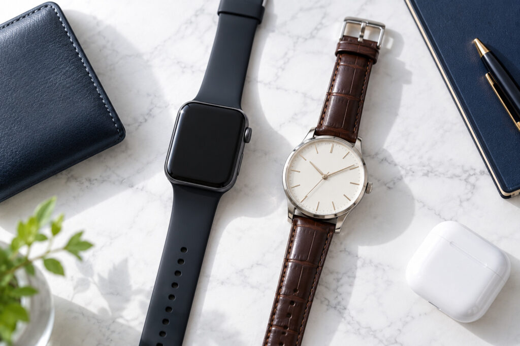 テーブルに並べたスマートウォッチと革ベルトの腕時計