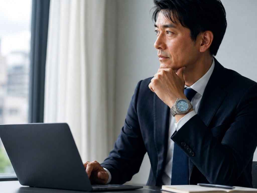 デスクワークでチタン製の腕時計を着用しているビジネスマン