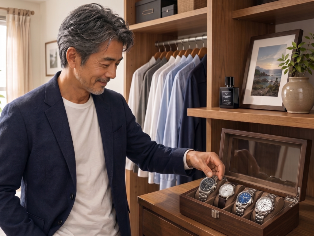 コレクションの中から腕時計を選んでいる男性