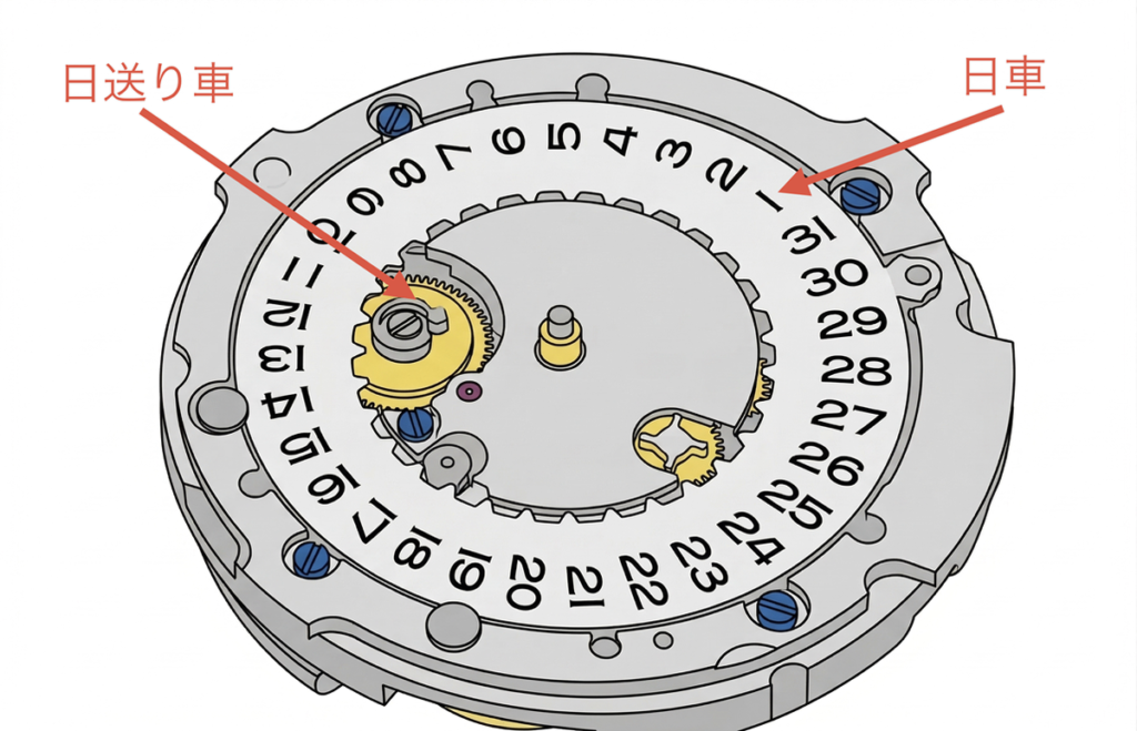 腕時計のカレンダー機構 「日車」と「日送り車」