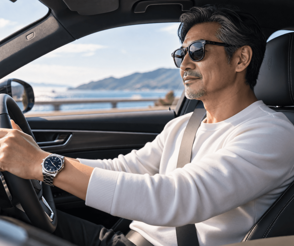 男性が車を運転しながら時計をつけている