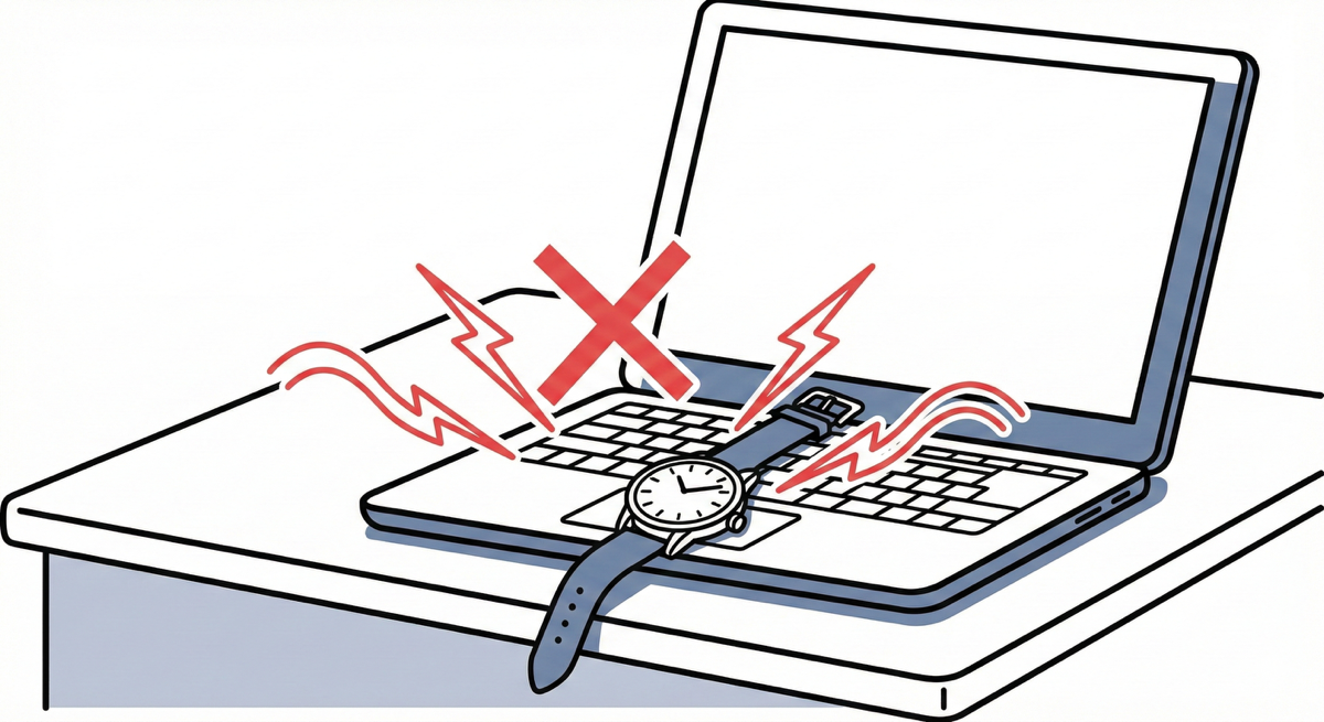 ノートパソコンで磁気帯びする腕時計のイラスト